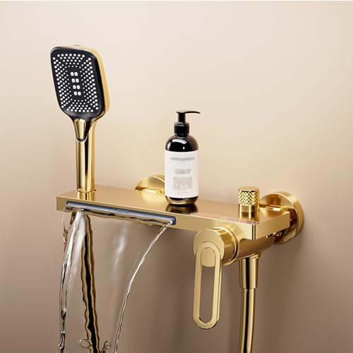 XJTNLB Wannenarmatur Wasserfall Bad Armaturen Badewanne Mischbatterie Wandmontage Badewannenarmatur mit 3 Modi Handbrause Gold von XJTNLB