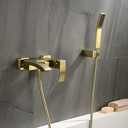 XJTNLB Wannenarmatur mit Handbrause Badewannenarmatur mit Handbrause Wandmontage Wasserhahn Badewanne Wasserfall Einhebelmischer Dusche, Gebürstetes Gold von XJTNLB