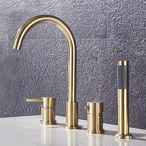 XJTNLB Wannenrandarmatur 4 Loch Badewannenarmatur, Mischbatterie Badewanne mit Brause Dusche Badewanne Armaturen Set Gebürstetes Gold von XJTNLB