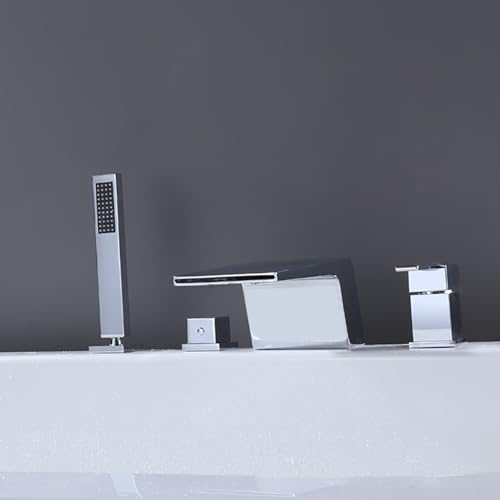 XJTNLB Wannenrandarmatur 4 Loch-Badewannenarmatur Wasserfall mit Handbrause, Armatur Badewanne Set Chrom,4 Löcher von XJTNLB