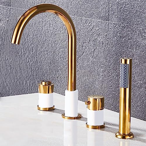 XJTNLB Wannenrandarmatur 4-Loch-Wannenbatterie Badewannenarmatur mit Handbrause, Dusche Badewanne Armaturen Set Weiß+Gold,C von XJTNLB
