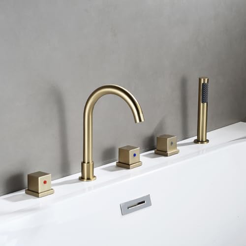 XJTNLB Wannenrandarmatur 5 Loch Badewannenarmatur Gold Gebürstet mit Handbrause Schwanenhals Auslauf Armatur Dusche Einhebel XJTNLB Wannenrandarmatur 5 Loch Badewannenarmatur Gold Gebürstet mit Handbrause Schwanenhals Auslauf Armatur Dusche Einhebel von XJTNLB