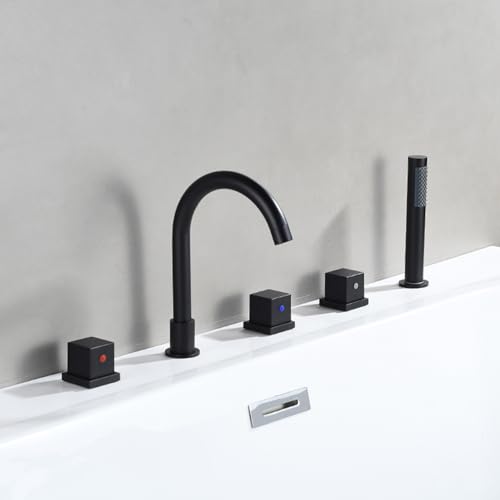 XJTNLB Wannenrandarmatur 5 Loch Badewannenarmatur Schwarz mit Handbrause Schwanenhals Auslauf Armatur Dusche Einhebel von XJTNLB