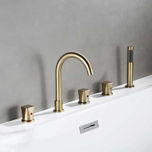 XJTNLB Wannenrandarmatur 5 Loch Gold Gebürstet Mischbatterie Dusche mit Brause Doppelgriff Badewannenarmaturen Set mit Herausziehbarem Handbrause XJTNLB Wannenrandarmatur 5 Loch Gold Gebürstet Mischbatterie Dusche mit Brause Doppelgriff Badewannenarmaturen Set mit Herausziehbarem Handbrause von XJTNLB