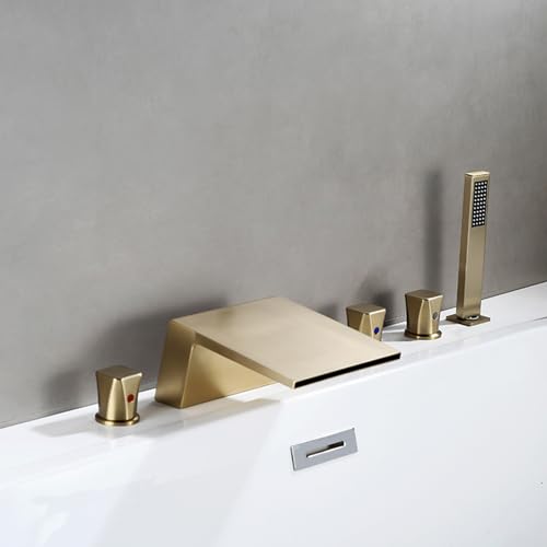 XJTNLB Wannenrandarmatur 5 Loch Wasserfall Armatur Badewanne mit Herausziehbarem Handbrause Mischbatterie Dusche Gold Gebürstet von XJTNLB