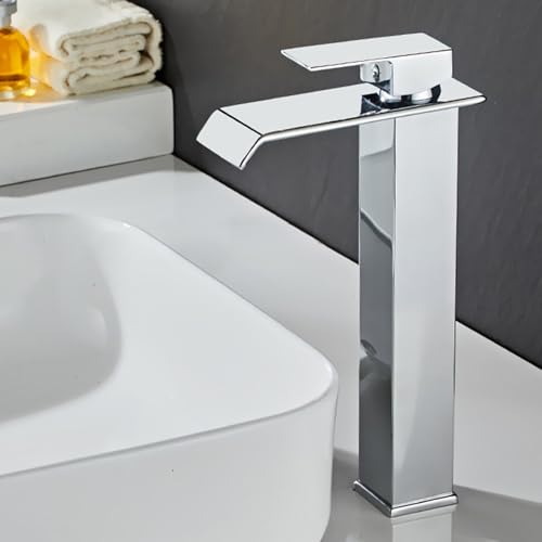 XJTNLB Waschtischarmatur Wasserfall Chrom Wasserhahn Bad Warm und Kalt Einhebelmischer Waschbecken aus Messing-Hoch von XJTNLB