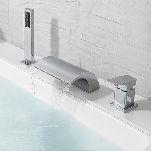 XJTNLB Wasserfall Badewannenarmatur Chrom mit Handbrause Bad Armatur Badewanne 4 Loch Mischbatterie Dusche Set von XJTNLB