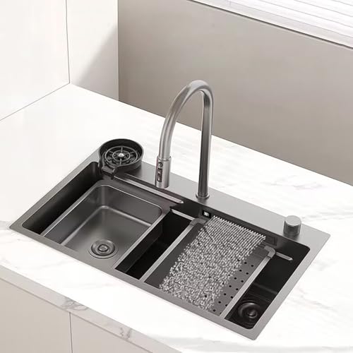 XJTNLB Wasserfall Spülbecken Gunmetal Grau Multifunktionsspüle Küche mit Digitaler Led-Temperaturanzeige 68 * 46 cm von XJTNLB