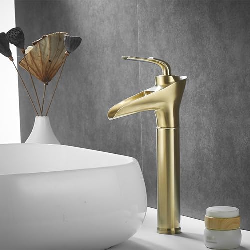 XJTNLB Wasserhahn Bad Hoch Wasserfall Waschtischarmatur Hoch Einhebelarmatur Bad Badezimmer Armatur Waschbecken,Gebürstetes Gold von XJTNLB