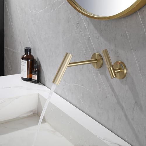 XJTNLB Wasserhahn Wandmontage Badezimmer Messing Waschtischarmatur Armatur Waschbecken für Badezimmer,Gebürstetes Gold,Einhebelmischer Waschbecken von XJTNLB