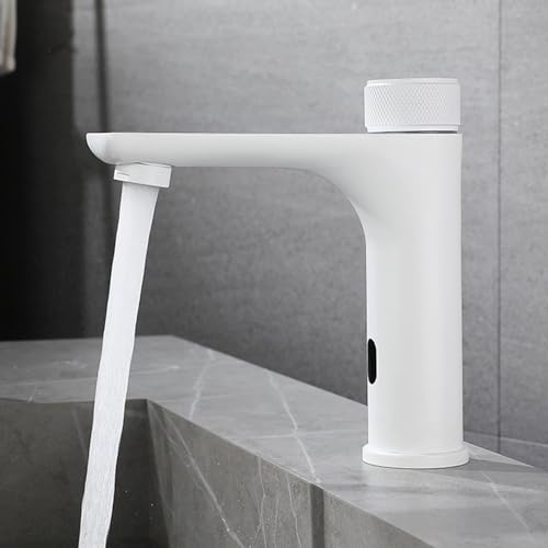 XJTNLB Wasserhahn mit Sensor Batterie Infrarot Sensor Wasserhahn mit Einstellbarem Temperaturbegrenzer Mischbatterie Waschbecken aus Edelstahl,Weiß von XJTNLB