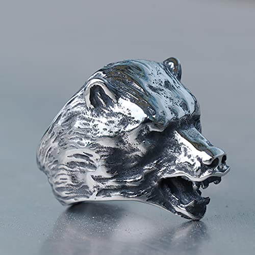 XJruixi Cool Viking Stainless Steel Bear Head Animal Ring Jungle Master Slavic Raging Bear Head Ring Men's Biker Fashion Jewelry von XJruixi