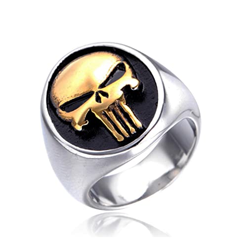 XJruixi Mens Gold/Silver Color Stainless Steel Punisher Skull Rings Cool Skull Signet Ring Male Gothic Punk Ring Christmas Party Gift von XJruixi