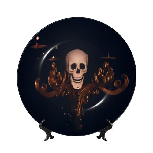 XKBFKLKMC Gotische Tapete, Totenkopf-Kunst, Wackelplatte, Knochenporzellan, dekorativer Teller mit Präsentationsständer, Wandbehang, Dekoration, Porzellanteller, Ornament, Zuhause, Wohnzimmer von XKBFKLKMC