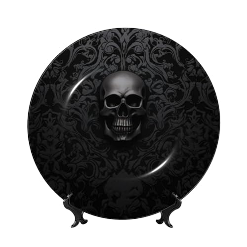 XKBFKLKMC Gotische Tapete, Totenkopf-Kunst, Wackelplatte, Knochenporzellan, dekorativer Teller mit Präsentationsständer, Wandbehang, Dekoration, Porzellanteller, Ornament, Zuhause, Wohnzimmer von XKBFKLKMC