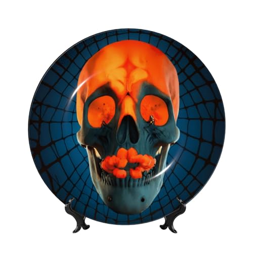 XKBFKLKMC Gotische Tapete, Totenkopf-Kunst, Wackelplatte, Knochenporzellan, dekorativer Teller mit Präsentationsständer, Wandbehang, Dekoration, Porzellanteller, Ornament, Zuhause, Wohnzimmer von XKBFKLKMC