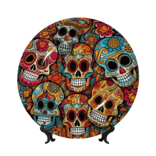XKBFKLKMC Sugar Skulls Print Art Home Wobble-Plate Bone China Decorative Plate With Display Stand, Wall Hanging Decor Porcelain Plates Ornament Home Living Dining Room Study Wine Cabinet Decor von XKBFKLKMC