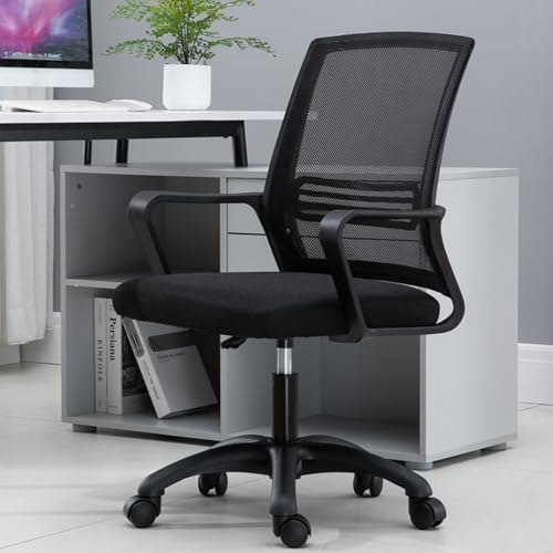 Home Mesh Back Chair, Konferenzraum-Drehstuhl, Mit Armlehnen, Latexkissen, 360°-Drehung, Geeignet for Büro, Wohnzimmer(Black+Black) von XKEDNMF