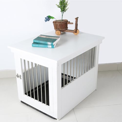 Hundebox aus Edelstahl, aus Holz, mit Tablett unten. Leicht zu reinigen, geeignet for mittelgroße und große Hunde(White,M) von XKEDNMF
