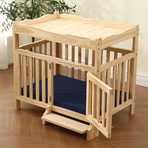 Hundebox aus massivem Holz, mit herausnehmbarer Haustiermatte, Kletterleiter-Design, atmungsaktiven Seiten, geeignet for kleine und mittelgroße Hunde(Blue mat,100cm/39.4in) von XKEDNMF