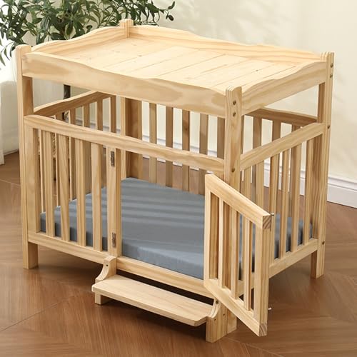 Hundebox aus massivem Holz, mit herausnehmbarer Haustiermatte, Kletterleiter-Design, atmungsaktiven Seiten, geeignet for kleine und mittelgroße Hunde(Grey mat,80cm/31.5in) von XKEDNMF