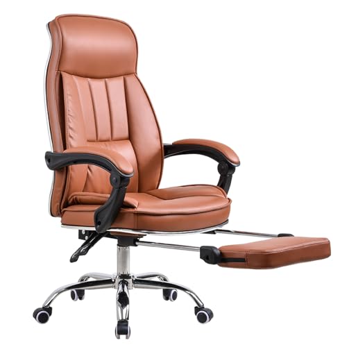 Liegender Bürostuhl, Bürostuhl aus Leder, Chassis aus verdicktem Stahl, weiches Leder, geeignet for Arbeit/Freizeit/Mittagspause(Brown,With footrest) von XKEDNMF