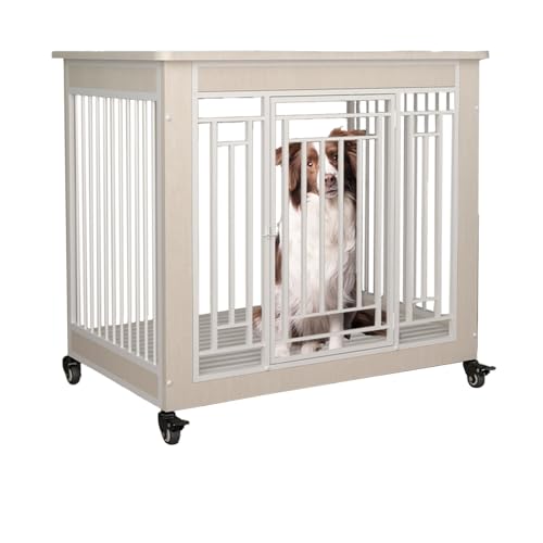 Mittelgroße/große Hundebox mit Universalrädern, mit herausnehmbarem Tablett for einfache Reinigung, geeignet for kleine und mittelgroße Hunde(Beige,M) von XKEDNMF