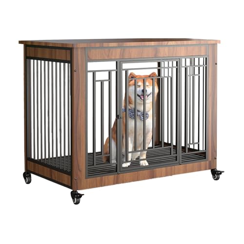 Mittelgroße/große Hundebox mit Universalrädern, mit herausnehmbarem Tablett for einfache Reinigung, geeignet for kleine und mittelgroße Hunde(Walnut,M) von XKEDNMF