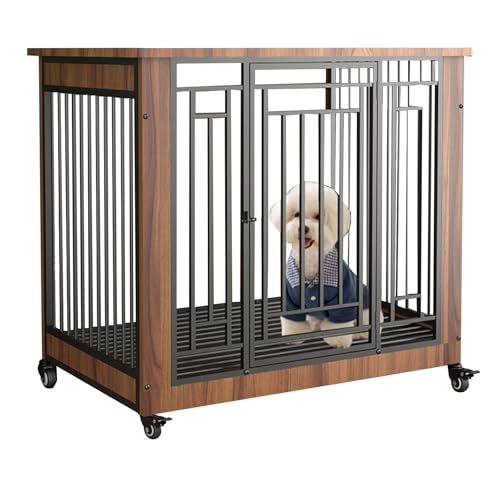 Mittelgroße/große Hundebox mit Universalrädern, mit herausnehmbarem Tablett for einfache Reinigung, geeignet for kleine und mittelgroße Hunde(Walnut,S) von XKEDNMF