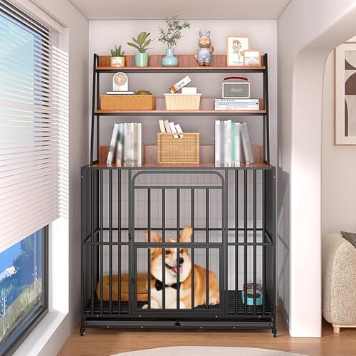 Multifunktionale Möbel Hundebox, Holz Hundebox mit Ausziehwanne, drei Regalen, dicker und verdickt for den Innenbereich(Black,95cm/37in) von XKEDNMF