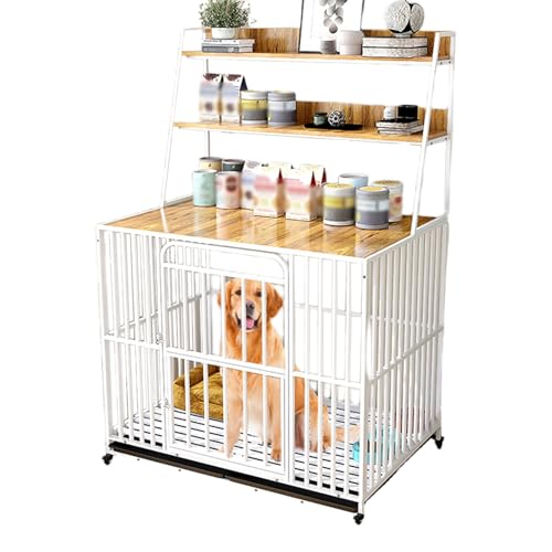 Multifunktionale Möbel Hundebox, Holz Hundebox mit Ausziehwanne, drei Regalen, dicker und verdickt for den Innenbereich(White,95cm/37in) von XKEDNMF