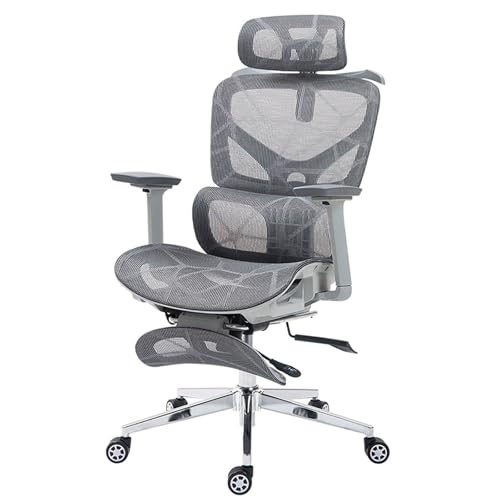 Netz-Bürostuhl mit Fußstütze, Kopfstütze und Lordosenstütze, mit 3D-verstellbarer Armlehne, Kippfunktion, hoher Rückenlehne, Drehstühle(Gray) von XKEDNMF