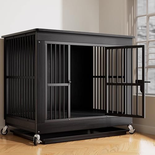 Robuste Hundebox, Möbel-Hundebox aus Holz, dekoratives Couchtisch-Haustierhaus, 360° drehbare Hundebox, mit Bodenwanne + oberer Ablagefunktion(Black,L) von XKEDNMF