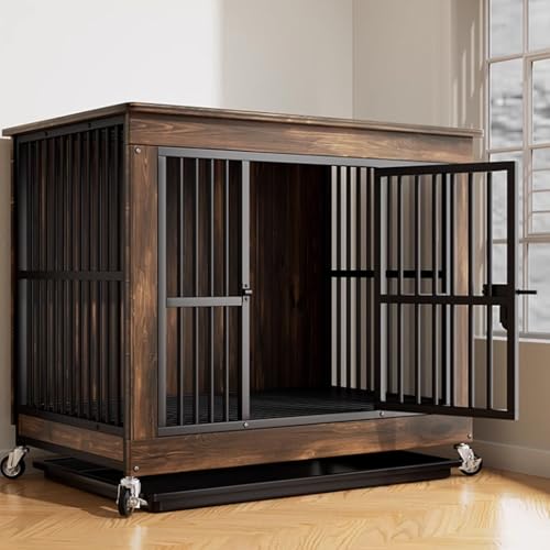 Robuste Hundebox, Möbel-Hundebox aus Holz, dekoratives Couchtisch-Haustierhaus, 360° drehbare Hundebox, mit Bodenwanne + oberer Ablagefunktion(Brown,L) von XKEDNMF