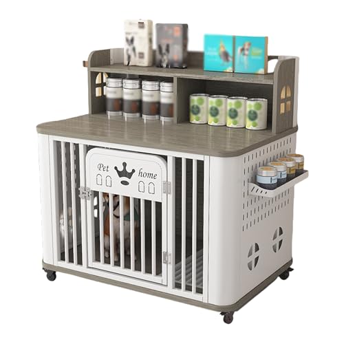 Tragbare Hundebox, seitlich mit kleiner Ablagefläche for Dosen, unten mit Hundetoilette + Universalrädern, geeignet for kleine und mittelgroße Hunde(Grey+white) von XKEDNMF