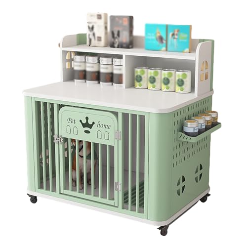Tragbare Hundebox, seitlich mit kleiner Ablagefläche for Dosen, unten mit Hundetoilette + Universalrädern, geeignet for kleine und mittelgroße Hunde(White+green) von XKEDNMF