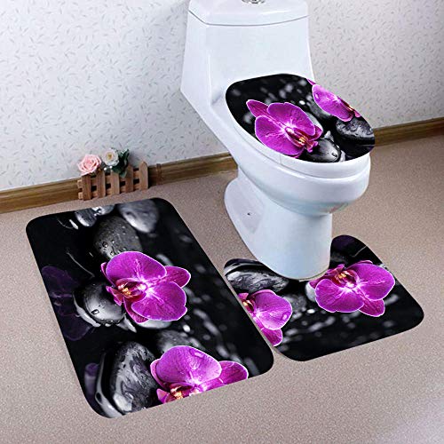 Badezimmer Teppich Set,Badezimmerteppich 3-teiliges Orchidee WC Garnitur, rutschfest & Waschbar, rutschfeste Mikrofaser 80 x 50cm Badeteppich + WC Vorleger von XKLHXFY