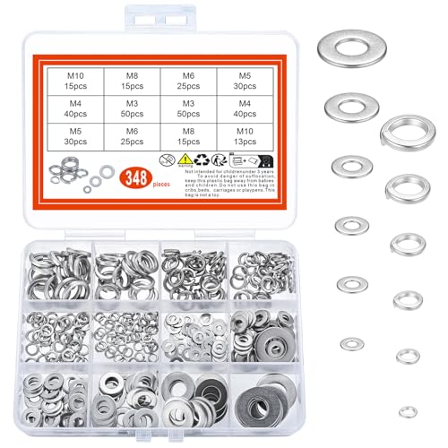 348 Stück Unterlegscheiben Set: 175 Edelstahl Flach Unterlegscheiben Set & 173 Federringe, Edelstahl Beilagscheiben Sortiment, Sicherungsscheiben, Federscheibe Sprengring, M3 M4 M5 M6 M8 M10 von XKQYX