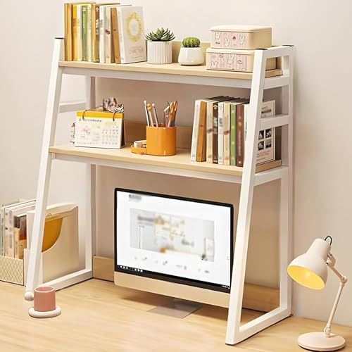 Doppellagiges Schreibtisch-Bücherregal,stabiles Arbeitsplatten-Lagerregal,mit Rückwand und Geländer,geeignet for das Home-Office,inklusive Befestigungsschrauben(Beige,55cm) von XKSJCDR