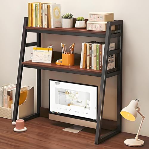 Doppellagiges Schreibtisch-Bücherregal,stabiles Arbeitsplatten-Lagerregal,mit Rückwand und Geländer,geeignet for das Home-Office,inklusive Befestigungsschrauben(Black,75cm) von XKSJCDR