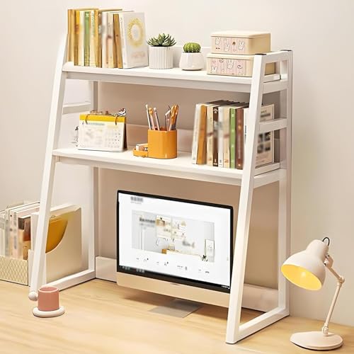 Doppellagiges Schreibtisch-Bücherregal,stabiles Arbeitsplatten-Lagerregal,mit Rückwand und Geländer,geeignet for das Home-Office,inklusive Befestigungsschrauben(White,55cm) von XKSJCDR