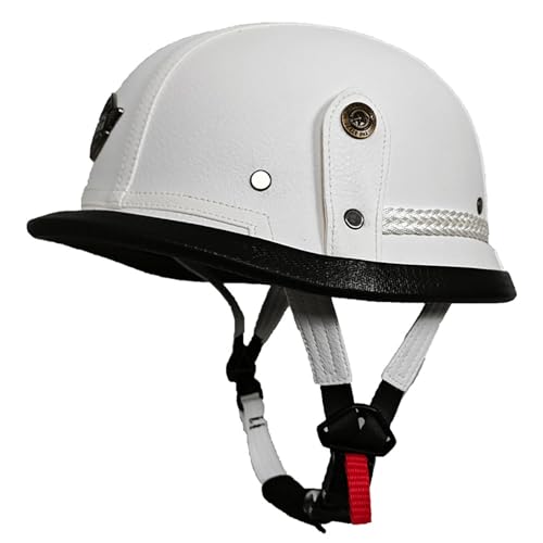 Motorrad-Halbhelm,Vintage-Helm aus deutschem Leder,erfrischend und atmungsaktiv,universell for Erwachsene und alle vier Jahreszeiten,for Cruiser-Motorradzubehör(White,M) von XKSJCDR