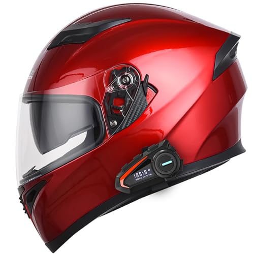 Motorrad-Integralhelm,vierdimensionale Belüftung,intelligenter Bluetooth-Steckplatz,105 ° Weitwinkel,herausnehmbares Innenfutter,Unisex,for Reiten geeignet(Red,L) von XKSJCDR