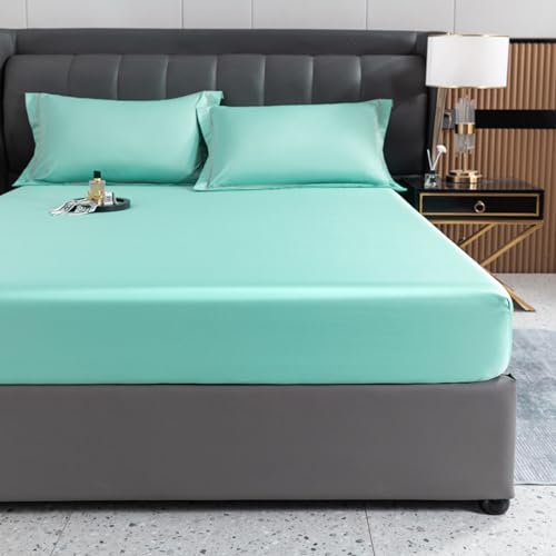 XKrmp Summer Ice Cooling Silky Bed Fitted Sheet Pillow Cover, Vegan Silk Cooling Bed Sheets, Silk Pillowcase and Sheets Set Three-Piece Set, Mattress Protector Cover Bedding (Aqua,C) von XKrmp