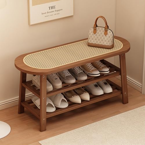 Rattan-Doppelschicht-Schuhregal Bambus-Schuhbank füR den Eingangsbereich Atmungsaktiv und Bequem Zum Sitzen Moderne und Einfache Aufbewahrungsbank füR Wohnzimmer, Schlafzimmer, Flu walnut 65cm/25.6in von XL Superb