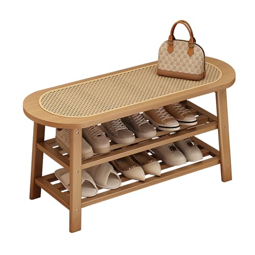 Rattan-Doppelschicht-Schuhregal Bambus-Schuhbank füR den Eingangsbereich Atmungsaktiv und Bequem Zum Sitzen Moderne und Einfache Aufbewahrungsbank füR Wohnzimmer, Schlafzimmer, Flur, wood 65cm/25.6in von XL Superb