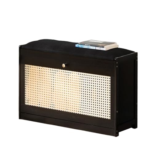 XL Superb Schuhaufbewahrungsbank mit Klappschublade 2-StöCkige Eingangsbank mit Kissen Atmungsaktive SchranktüR aus Rattannetz Platzsparend MöBel füR Eingangsbereich Schlafzimmer Black 70cm/27.6in von XL Superb
