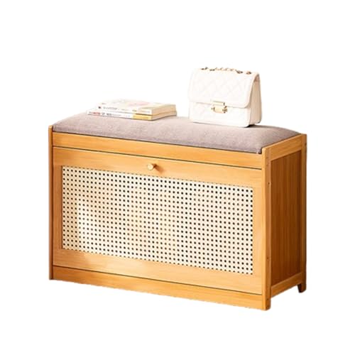 XL Superb Schuhaufbewahrungsbank mit Klappschublade 2-StöCkige Eingangsbank mit Kissen Atmungsaktive SchranktüR aus Rattannetz Platzsparend MöBel füR Eingangsbereich Schlafzimmer Log Wood 70cm/27.6in von XL Superb