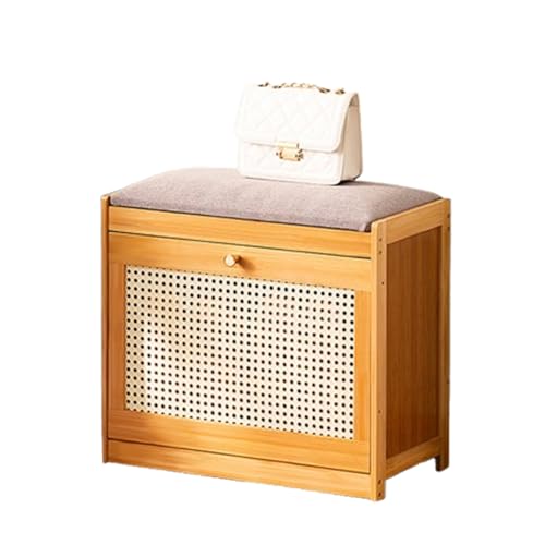 XL Superb Schuhaufbewahrungsbank mit Klappschublade 2-StöCkige Eingangsbank mit Kissen Atmungsaktive SchranktüR aus Rattannetz Platzsparend MöBel füR Eingangsbereich Schlafzimmer Log Wood 50cm/19.7in von XL Superb