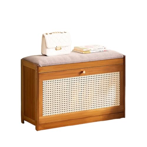 XL Superb Schuhaufbewahrungsbank mit Klappschublade 2-StöCkige Eingangsbank mit Kissen Atmungsaktive SchranktüR aus Rattannetz Platzsparend MöBel füR Eingangsbereich Schlafzimmer Walnut 70cm/27.6in von XL Superb